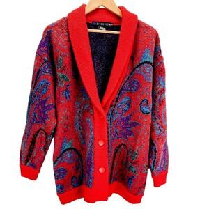 Vintage I.B. Diffusion Knit Cardigan Womens M Red Paisley Sweater Art Western